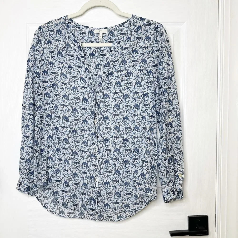 JOIE Long Sleeve Button Down Monkey Elephant Cotton Silk Blend‎ Size XS